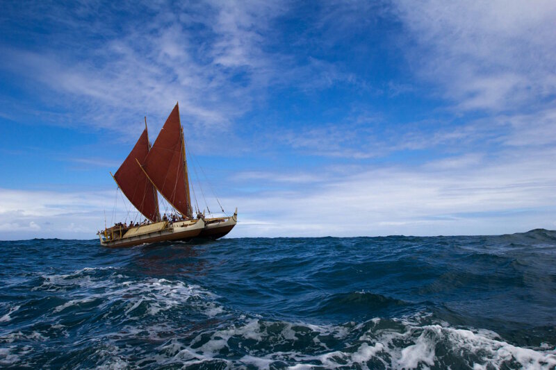 The Hawaiian canoe Hōkūleʻa, a traditional-style double-hulled vessel made out of modern materials.