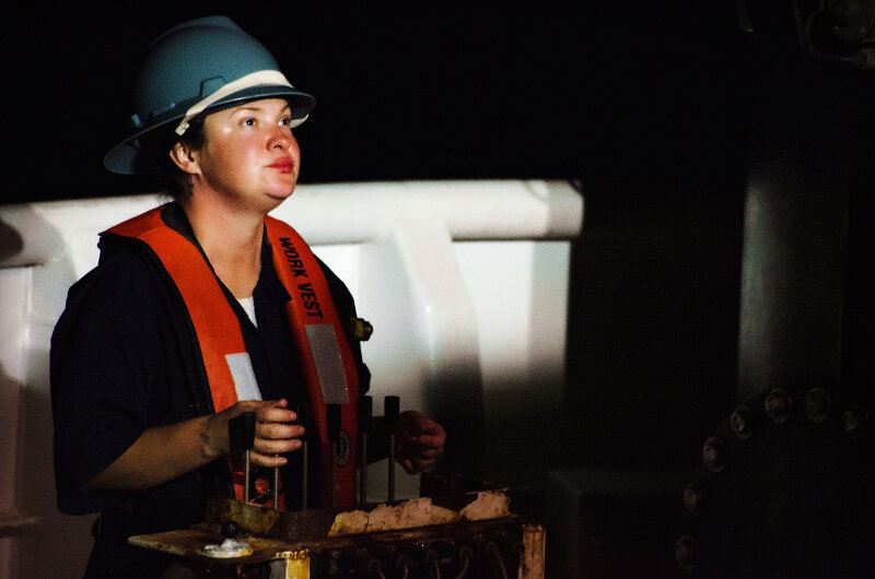 Nicole Turpin recovering the ROVs at night on NOAA Ship Okeanos Explorer.