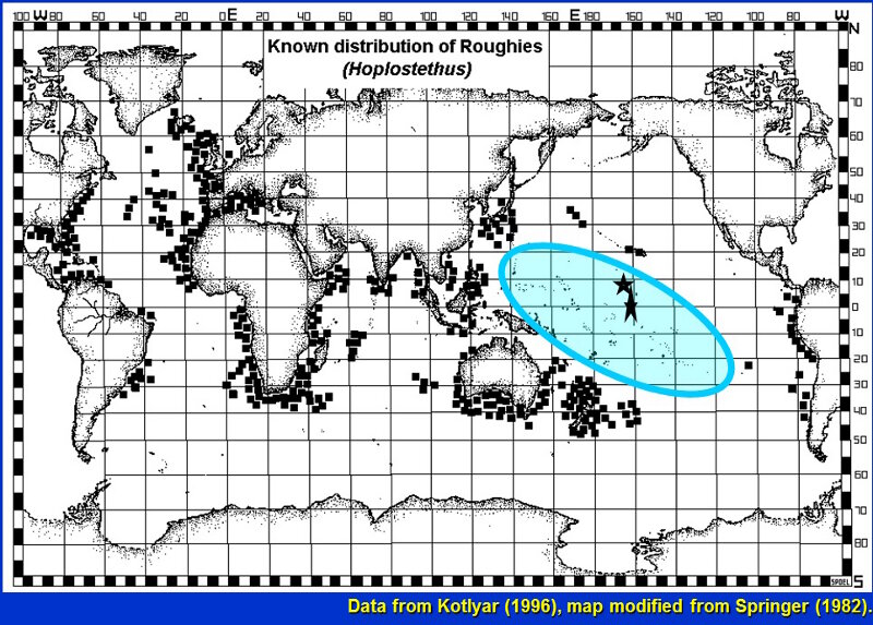 This map shows the distribution of roughies as known to 1996 with small squares.