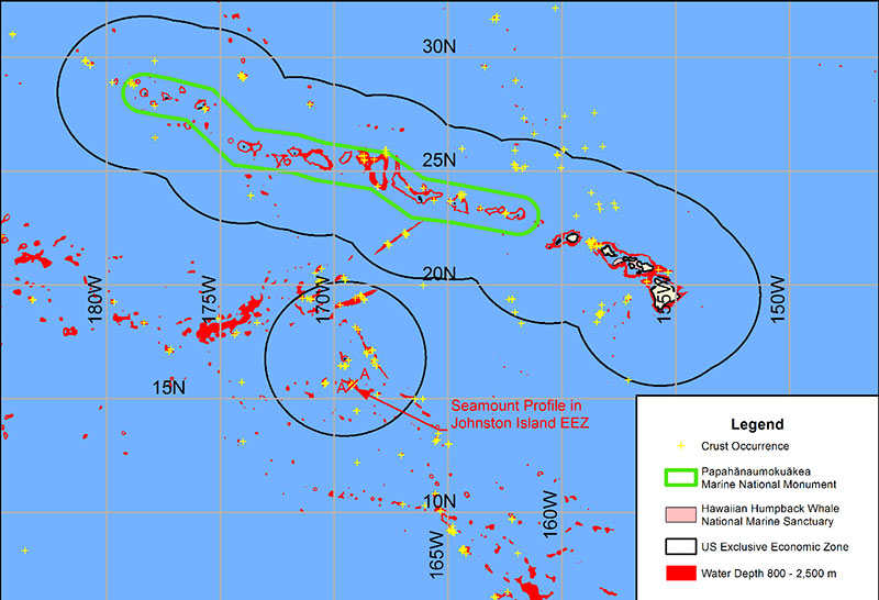 Water depths between 800 and 2,500 meters are delineated in red. This is the depth range of crusts thought to have the best economic development potential. Boundaries of the Papahānaumokuākea Marine National Monument, Hawaiian Islands Humpback Whale National Marine Sanctuary, and Johnston Atoll portion of the Pacific Remote Islands Marine National Monument are also shown.