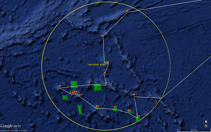 Map showing the general cruise plan for the Johnston Atoll exploration portion of the expedition. The white line is the general cruise track, and the orange dots are the locations of planned ROV dives, numbered in planned dive site order. The green boxes are the locations for targeted overnight mapping operations.