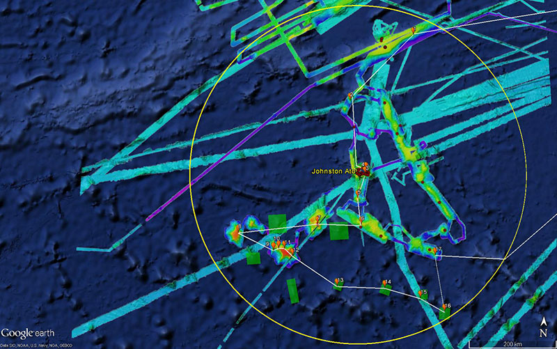 Map showing expedition cruise plans with previous work in the region. The red dots are the locations where previous dives have been conducted using an ROV or submersible, and the orange dots are the locations of planned ROV dive sites for this expedition. The multicolored areas show publicly-available bathymetry data, color-coded by depth (yellow to purple showing shallow to deep). The green boxes are areas where we plan to conduct focused mapping operations during the expedition.