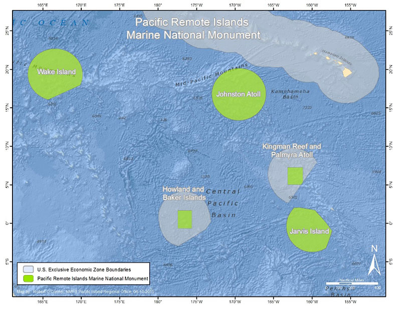Established in January 2009 by Presidential Proclamation 8336 and expanded in 2014 by Presidential Proclamation 9173, the Pacific Remote Islands Marine National Monument consists of Wake, Baker, Howland, and Jarvis Islands; Johnston Atoll; Kingman Reef; and Palmyra Atoll, which all lie to the south and west of Hawaii. The Pacific Remote Islands Marine National Monument is one of the largest marine protected areas in the world and an important part of the most widespread collection of marine life on the planet under a single country's jurisdiction.