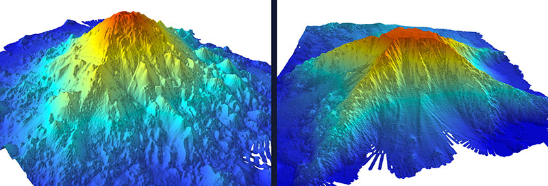 Conical seamount (left) and guyot (right), showing the difference in the summit morphology.