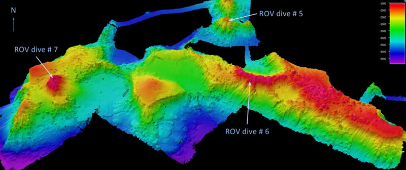 Three-dimensional perspective view of high-resolution bathymetric data in the vicinity of “Keli” ridge; data collected by R/V Falkor in 2016 and by NOAA Ship Okeanos Explorer in 2015 and 2017. Mapping conducted July 19-21, 2017 shows “Keli” ridge, “Edmondson” Seamount, and an unnamed seamount to the west are geologically connected. 