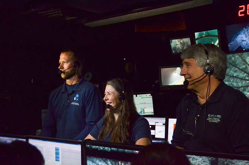 Engaging and educating the public about the value of ocean exploration is a key part of the NOAA Office of Ocean Exploration and Research (OER) mission. During today’s dive, Global Foundation for Ocean Exploration Engineer, Chris Ritter (left), OER Expedition Manager, Kelley Elliott (middle), and CAPSTONE Science Advisor/Hawai'i Undersea Research Lab Program Biologist, Chris Kelley (right), conducted a live interaction with about 20 visitors at the Exploratorium in San Francisco, California.