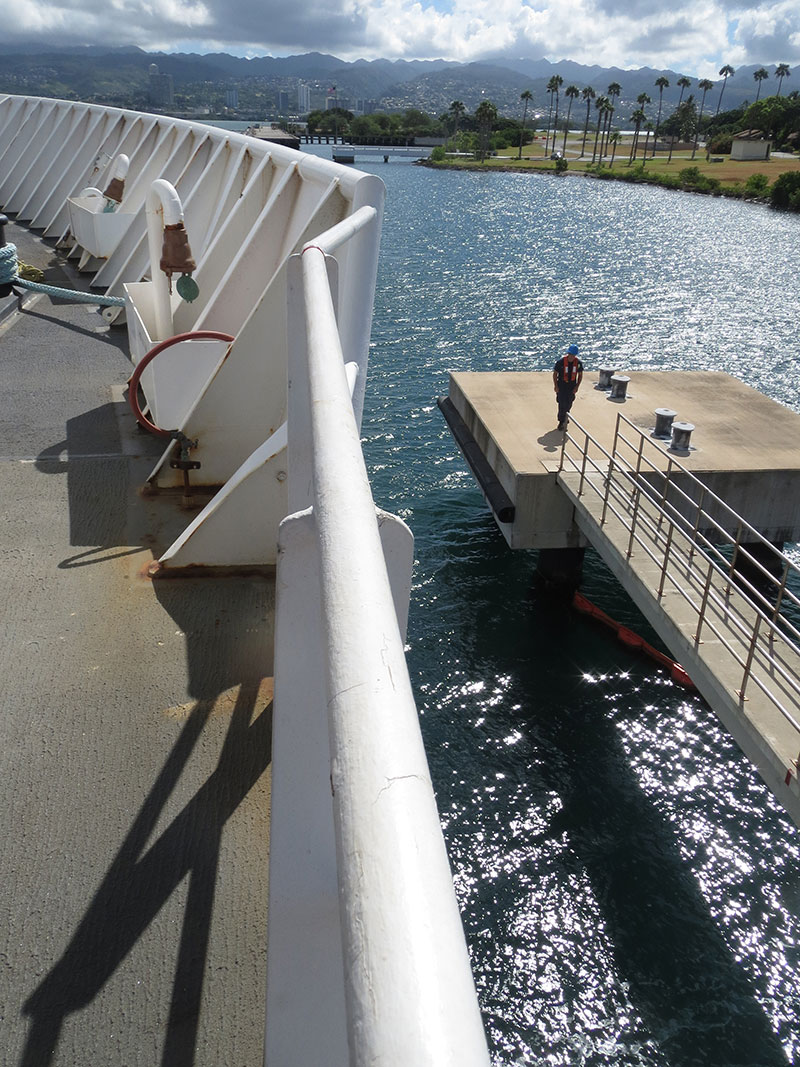 NOAA Ship Okeanos Explorer pulls away from the fuel pier and prepares to depart Pearl Harbor to commence Part I of the Laulima O Ka Moana Expedition – shakedown operations offshore of Oahu.