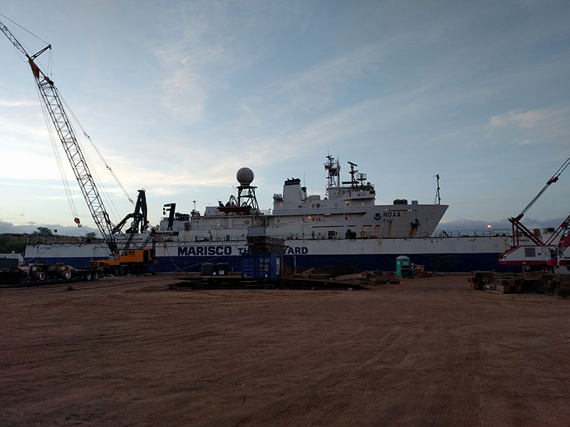NOAA Ship Okeanos Explorer in dry dock at Barbers Point on the Island of O‘ahu in Hawaii. During dry dock, the ship underwent maintenance and repairs so that the ship is ready for our next expedition.