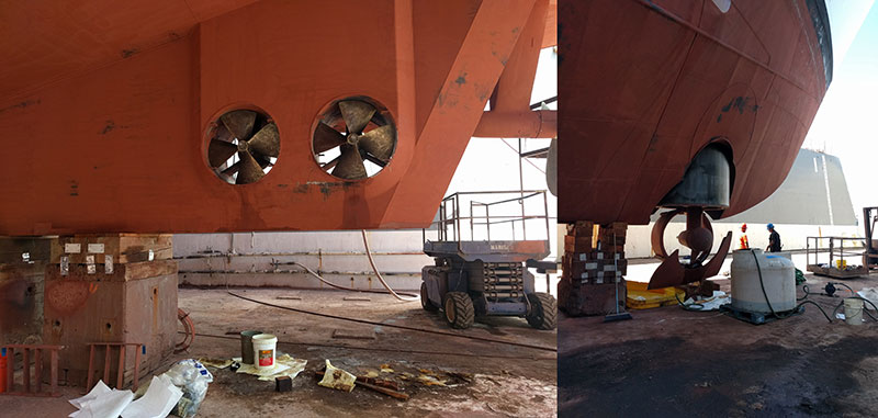 Also during the dry dock period, the bow thruster and stern thrusters underwent routine maintenance. The bow thruster is 550 HP and the stern thrusters have a combined HP of 500. These thrusters help maintain the ship’s position during remotely operated vehicle operations.