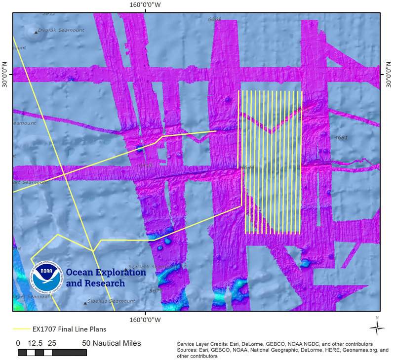 Figure 3. Map showing planned mapping survey lines at one section of the Murray Fracture Zone. Publicly available bathymetry in background downloaded from NOAA NCEI archives collected on various survey platforms.