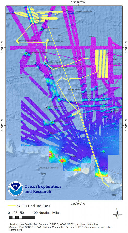 Figure 1. Map showing overall cruise track for the Musicians Seamounts Telepresence Mapping expedition. Yellow lines indicate planned mapping survey lines. Publicly available bathymetry in the background downloaded from NOAA's National Centers for Environmental Information archives and collected on various survey platforms.