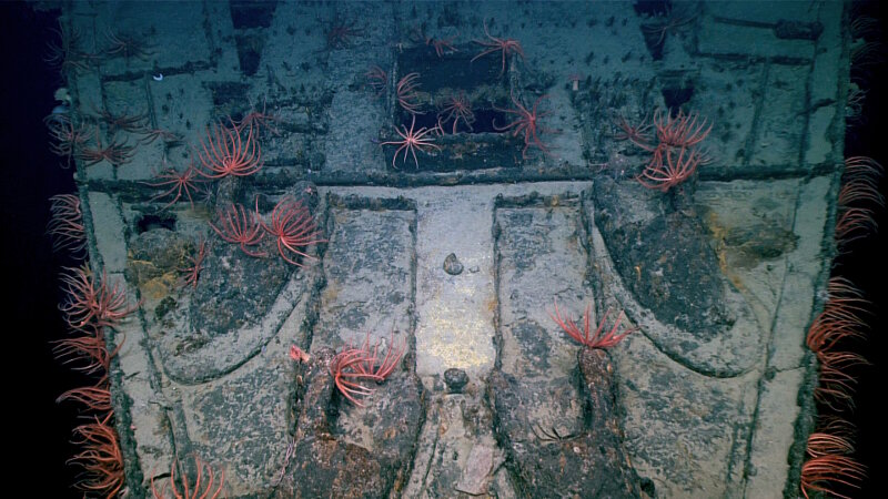 This view of the USS Baltimore foredeck shows the forecastle and upper hull strakes have been removed, likely to aid the scuttling of the ship.