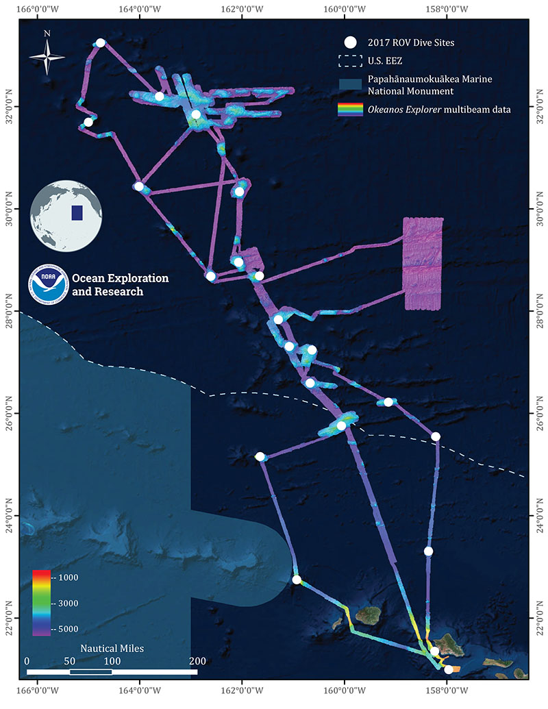 Overview map showing seafloor bathymetry and ROV dives completed during the Deep-Sea Symphony: Exploring the Musicians Seamounts expedition.