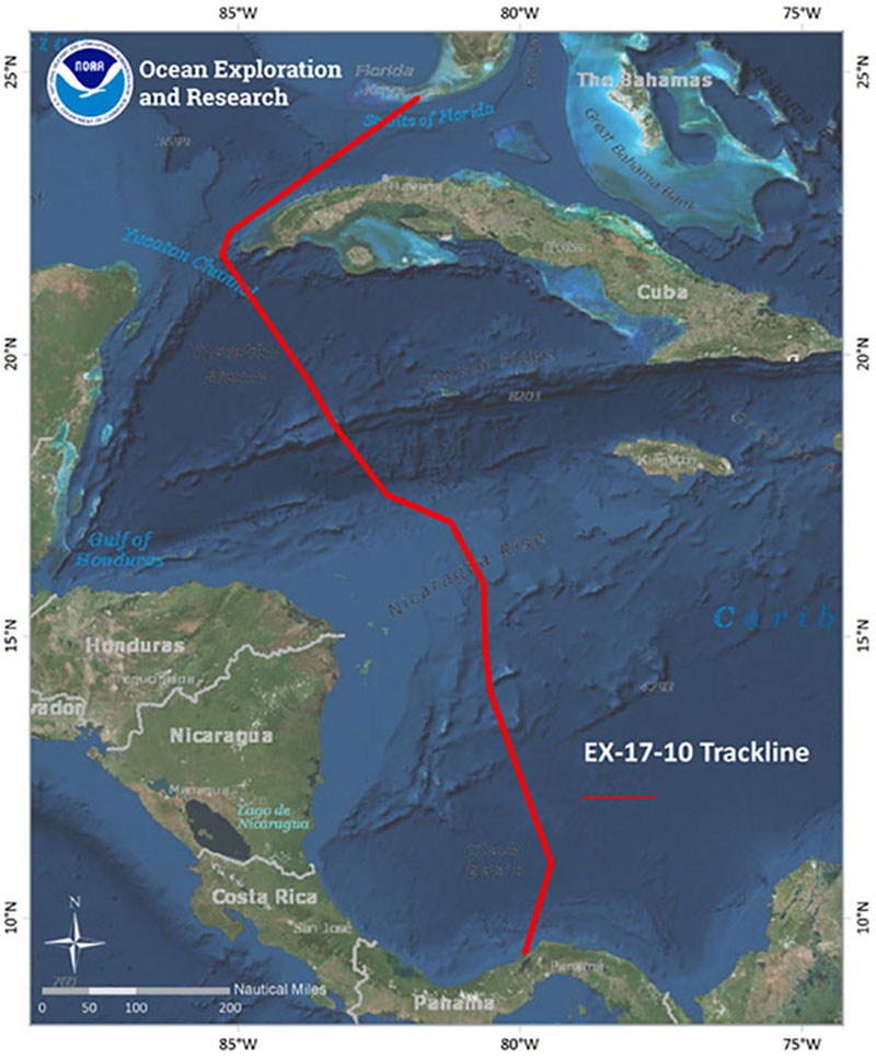 Cruise map showing the planned operations area for the expedition. The red line indicates the approximate trackline the ship will follow.