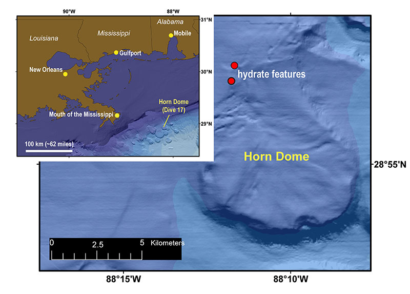 Dive 17 explored the northwest part of Horn Dome, a salt-cored bathymetric high that had been the focus of several previous remotely operated vehicle dives. Seafloor outcrops of gas hydrate were found at several locations during the dive.