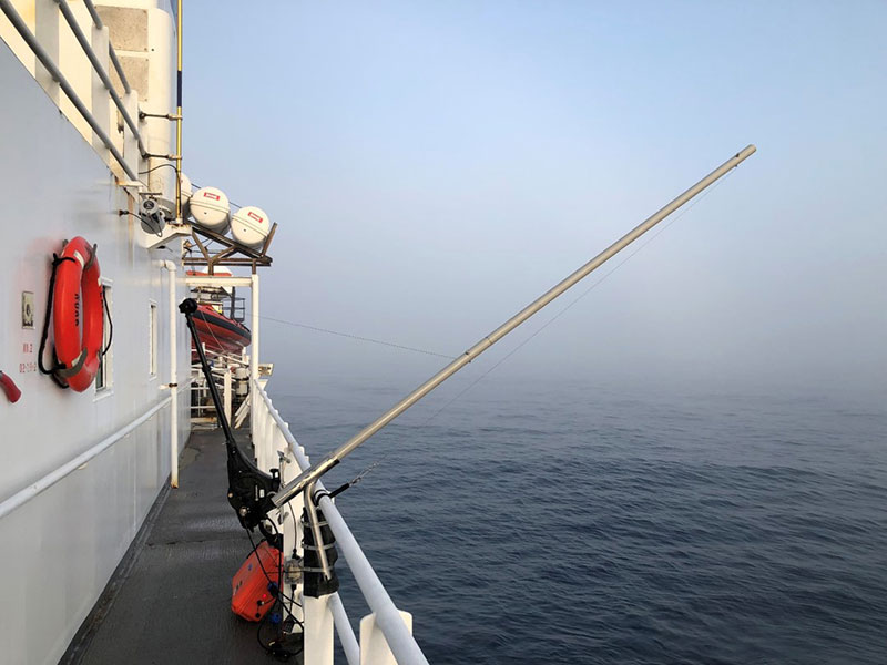 Example of the downrigger setup on the port side of NOAA Ship Okeanos Explorer.