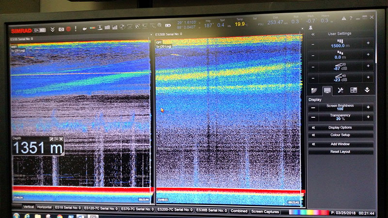 This image shows the acoustic returns at two different frequencies that allow us to monitor these migrations using emerging technology provided for this expedition by the University of New Hampshire, Center for Coastal and Ocean Mapping. 