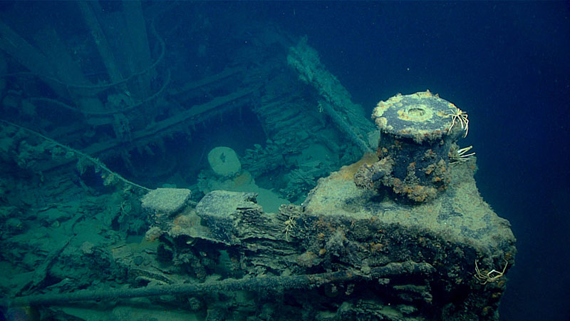 Bow and view into the hull of what is believed to be the wreck of the tugboat New Hope. In 1965, the U.S. Coast Guard performed a daring helicopter rescue of the New Hope’s crew during Tropical Storm Debbie and saved everyone aboard.