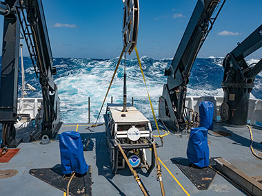 Wave behind remotely operated vehicle Seirios. With high wind and seas, the dive was canceled today. 