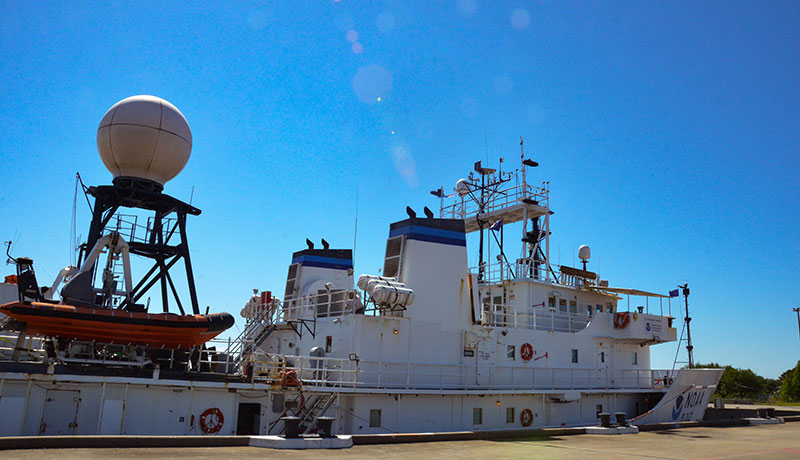 NOAA Ship Okeanos Explorer at the dock in Pascagoula, Mississippi, for necessary repairs to the port engine. 