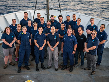 Mission Personnel from the Gulf of Mexico 2018 expedition gather on the bow of NOAA Ship Okeanos Explorer at the end of a successful mission.