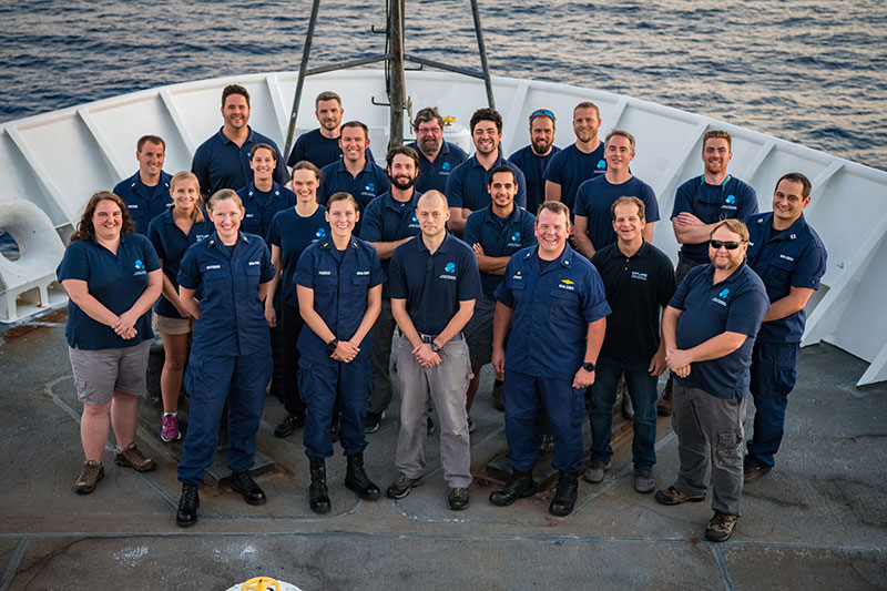 Mission Personnel from the Gulf of Mexico 2018 expedition gather on the bow of NOAA Ship Okeanos Explorer at the end of a successful mission.