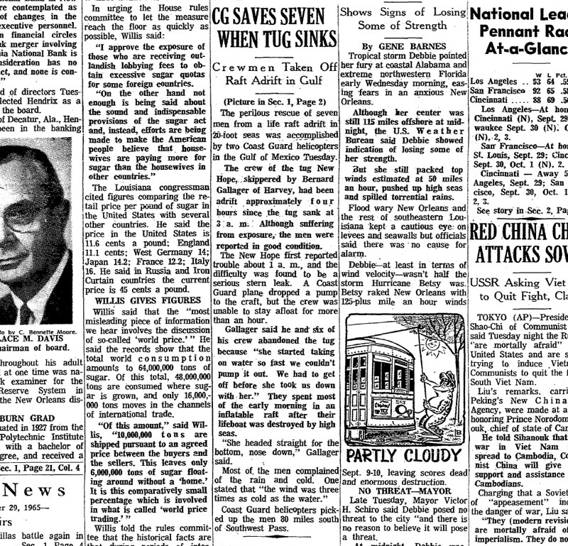 An article about the U.S. Coast Guard rescue of the crew of tugboat New Hope appeared in the September 29, 1965, edition of the Times-Picayune. 