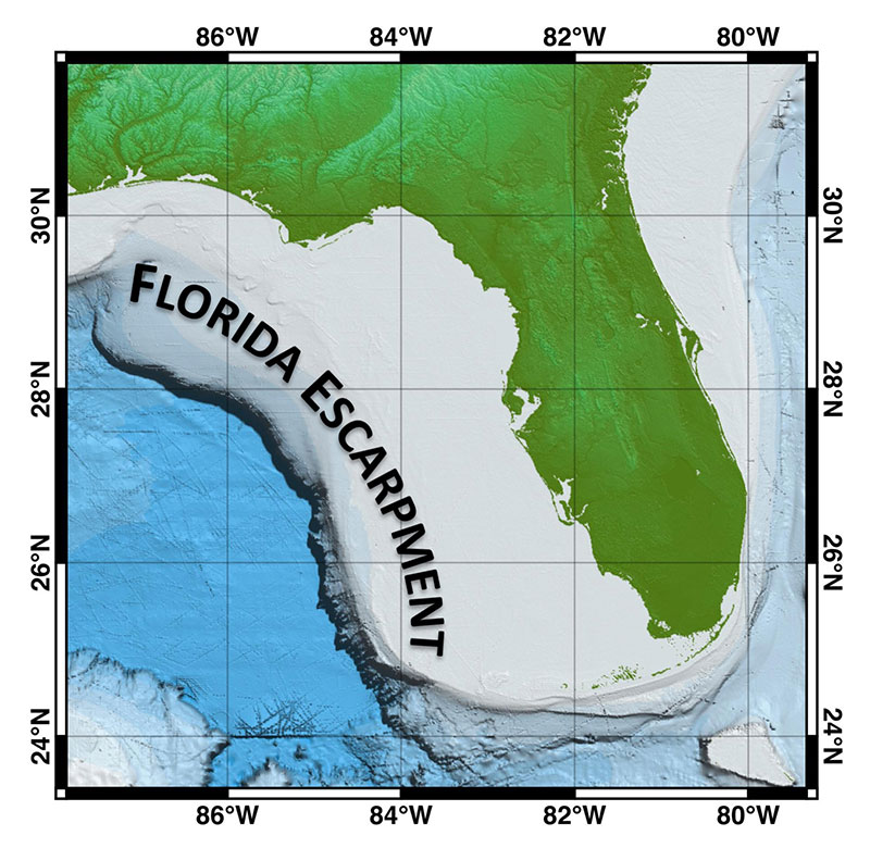 Figure 1: A bathymetric map of the eastern Gulf of Mexico showing the length of the Florida Escarpment from De Soto Canyon to the Florida Keys. Note the extent of the shallow Florida Platform surrounding the Florida Peninsula.