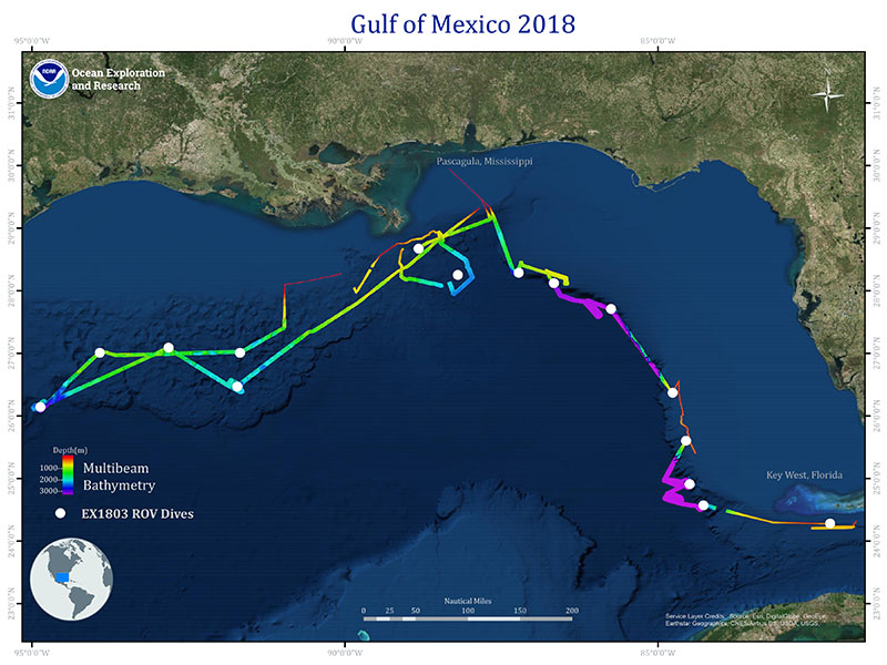 Overview map showing seafloor bathymetry and ROV dives completed during the Gulf of Mexico 2018 expedition.
