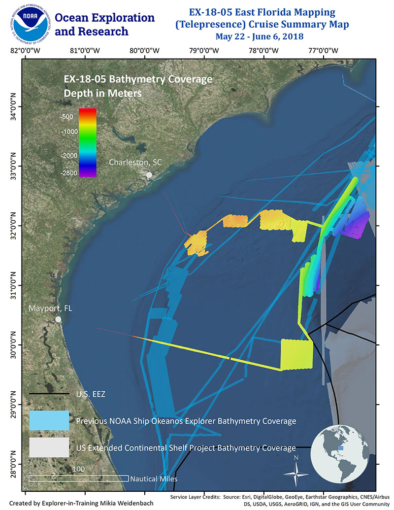 Map of bathymetry data collected during the first-part of the two-part Windows to the Deep 2018: Exploration of the Southeast U.S. Continental Margin expedition.