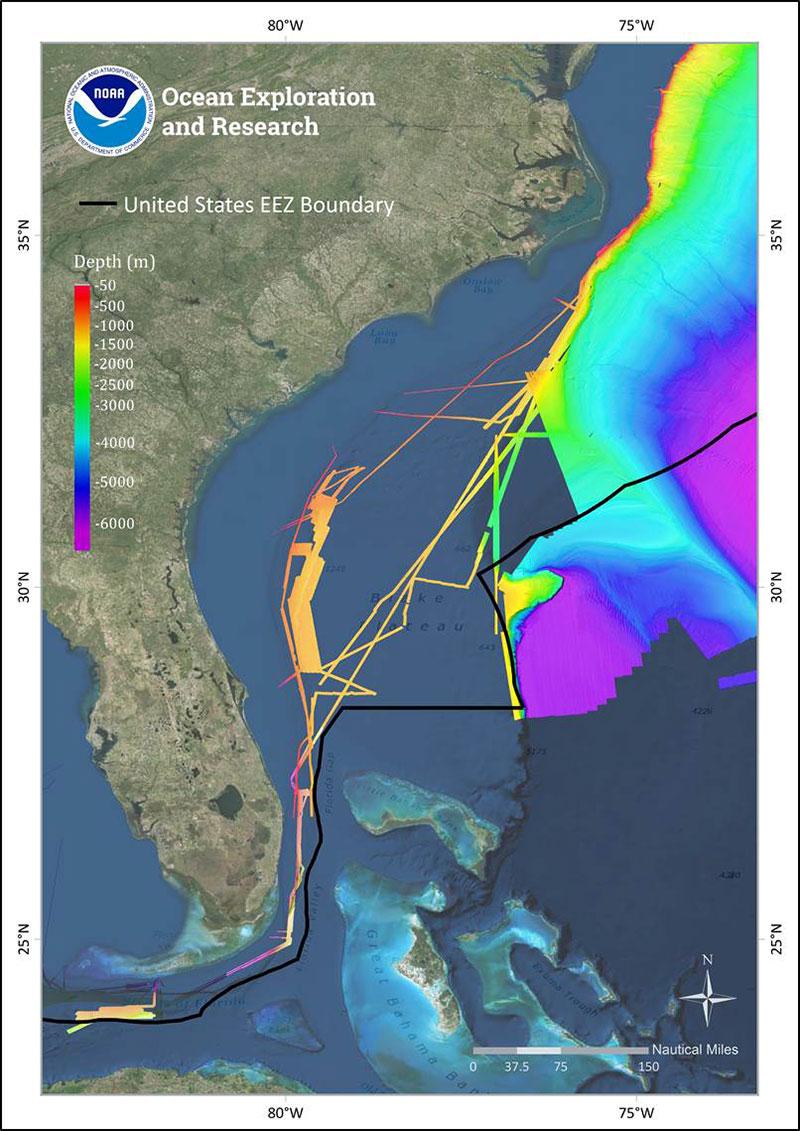 Over the past decade, NOAA Ship <em>Okeanos Explorer</em> and the U.S. Extended Continental Shelf Project have mapped much of the deepwater habitats offshore the U.S. east coast (assembled bathymetry shown above), but much of the Blake Plateau remains unmapped and poorly explored. This expeditions will contribute much needed ROV surveying and bathymetry data to build upon this foundation.