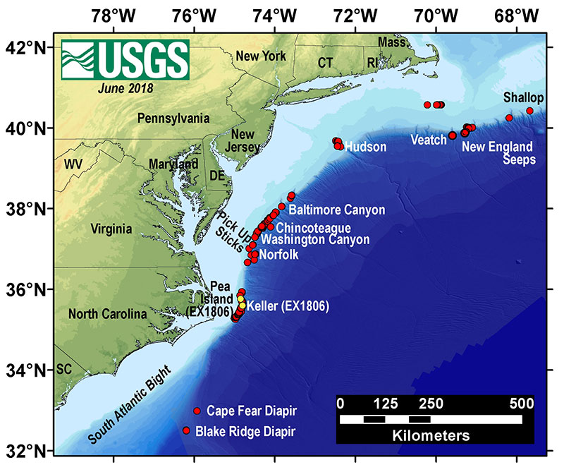 The red circles represent methane seep from the database of Skarke et al. (2014) based on NOAA Office of Ocean Exploration and Research surveys, with updates (many additions and a few deletions) based on geophysical surveys by the U.S. Geological Survey (USGS) Gas Hydrates Project in 2016 and 2017. Labelled seeps have been surveyed during ROV or deep submergence vehicle (DSV)<em> Alvin</em> dives since 2001, with most dives carried out since 2012 (compilation by C. Ruppel, pers. comm.). The yellow circles indicate the locations of seeps targeted for <em>Deep Discoverer</em> dives on NOAA Ship <em>Okeanos Explorer</em> Windows to the Deep 2018 expedition (EX1806).