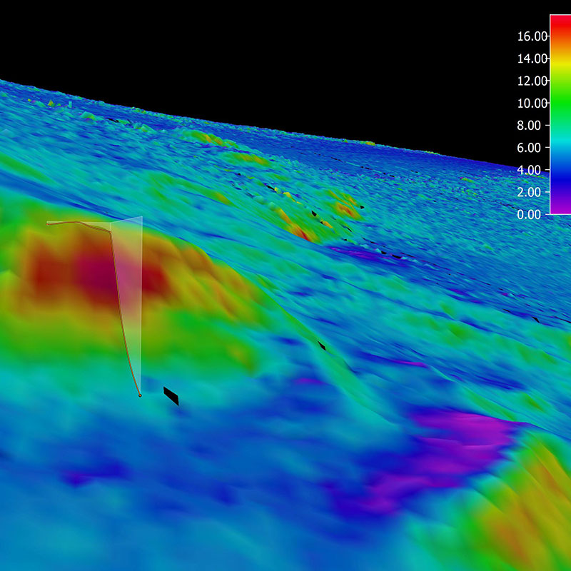 3D view of the planned ROV track for Dive 01 shown as orange line. The background represents the seafloor depth color-coded with slope values. The warmer the color, the steeper the slope. The dive track went up a slope reaching maximum values of 14 degrees.