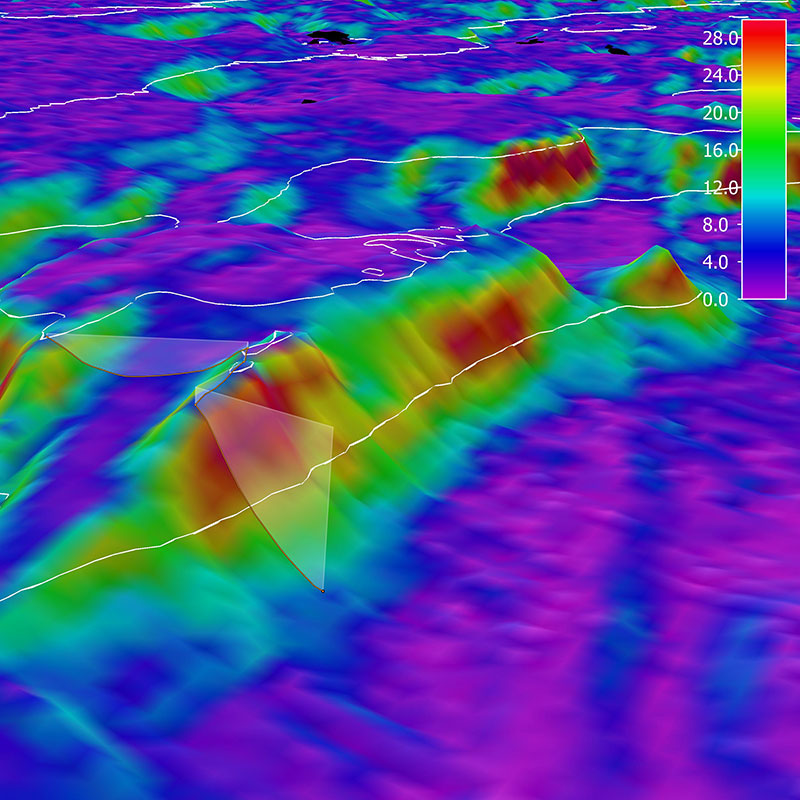 3D view of the planned ROV track for Dive 04 shown as orange line. The background represents the seafloor depth color-coded with slope in degrees. The warmer the color, the steeper the slope. This dive had the greatest slope, over 30 degrees, so far on the expedition.