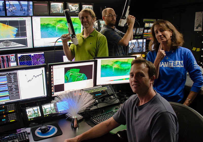 The mapping team on NOAA Ship <em>Okeanos Explorer</em> having a little fun while working hard to collect much needed high-resolution mapping data in the data gaps along the southeastern U.S. continental margin.