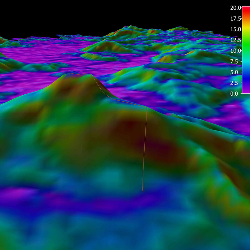3D view of the planned ROV track for Dive 06 shown as an orange line. The background represents the seafloor depth color-coded with slope in degrees. The warmer the color, the steeper the slope. 
