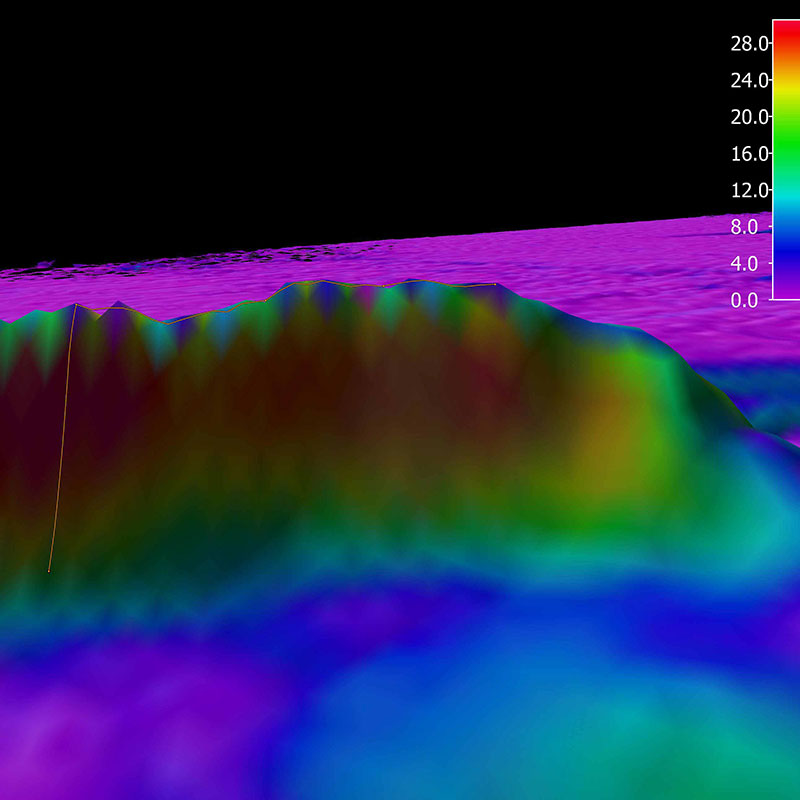 3D view of the planned ROV track for Dive 07 shown as an orange line. The background represents the seafloor depth color-coded with slope in degrees. The warmer the color, the steeper the slope. 