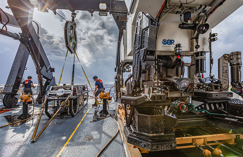 During NOAA Ocean Exploration operations in Alaskan waters in 2023, we will use our two-bodied remotely operated vehicle system, comprised of Deep Discoverer and Seirios, pictured here on the deck of NOAA Ship Okeanos Explorer. Image courtesy of Art Howard, GFOE, Windows to the Deep 2018.