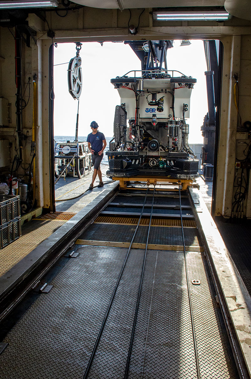 The remotely operated vehicle (ROV) Deep Discoverer being prepared for launch during a dive for the Windows to the Deep 2018 expedition.