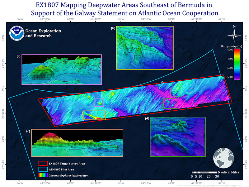 Kongsberg EM302 bathymetry data collected on NOAA Ship Okeanos Explorer during the expedition, including a focused survey area over 20,500 square kilometers, an area larger than Massachusetts. Exploration mapping revealed a complex seafloor structure, including previously undetected distinct conical features, a true seamount, and southwest/northeast trending linear ridges.