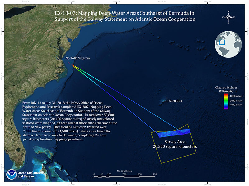 Map showing the area mapped during the Mapping Deepwater Areas Southeast of Bermuda in Support of the Galway Statement on Atlantic Ocean Cooperation, including a focused survey area south of Bermuda covering 20,500 square kilometers. Image courtesy of NOAA Office of Ocean Exploration and Research.