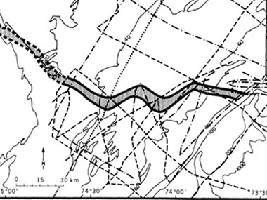 The mapped trace of the ancient Delaware River cutting across the shelf and connecting with Wilmington and Baltimore Canyons.