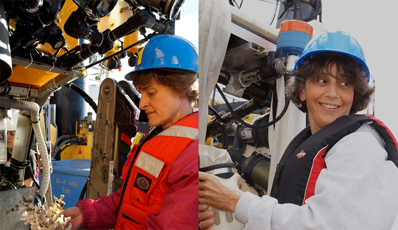 Dr. Martha Nizinski (left) and Dr. Anna Metaxas shared chief scientist duties during the previous transboundary cruises. Here, each attends to samples collected by the Canadian remotely operated vehicle <em>ROPOS</em>. These samples serve as taxonomic vouchers that further our understanding of the composition, distribution, and larval transport of species among canyons.
