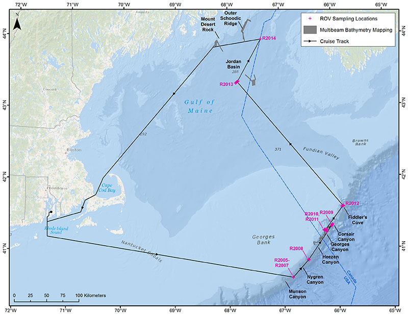 This map shows the cruise track from last year’s transboundary cruise entitled ‘Northern Neighbors.’ Deep Connections 2018 will build on our earlier findings obtained during the 2014 and 2017 expeditions by filling in data gaps through expansion of the areas surveyed and by exploring poorly-known canyons on both sides of the U.S.-Canada border.