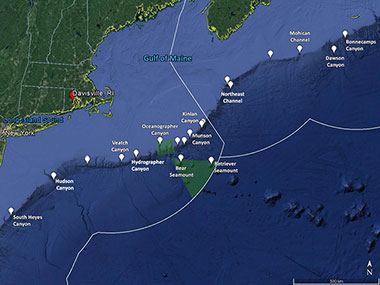 Overview map showing the planned remotely operated vehicle dive sites for the expedition (white dots).
