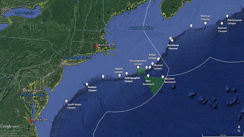 Overview map showing the planned remotely operated vehicle dive sites for the expedition (white dots). The cruise will start August 10 from Norfolk, Virginia, and end September 2 in Davisville, Rhode Island. Dives are planned from South Heyes Canyon offshore of Maryland, up to the Bonnecamps Canyon area offshore of Nova Scotia. The white lines are the boundaries of the U.S. and Canadian Exclusive Economic Zones and the green polygons are the Northeast Canyons and Seamounts Marine National Monument.