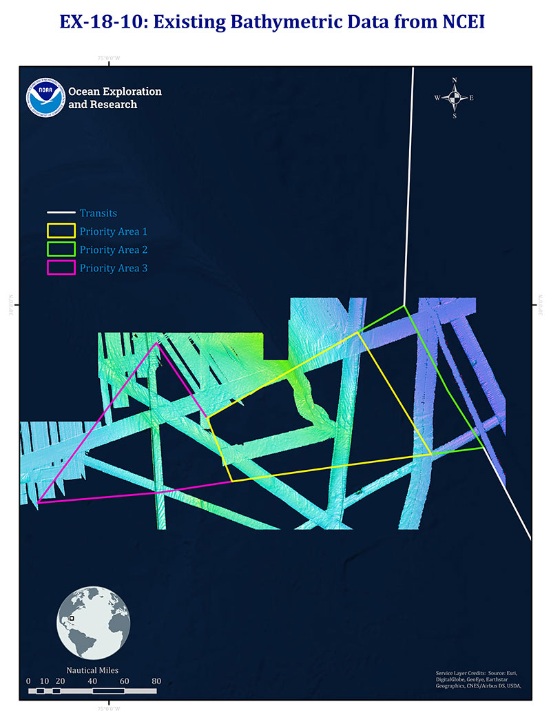 Map showing existing bathymetry in the priority areas targeted for mapping during the expedition.