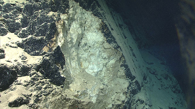 We recorded occasional failures in the slope where rocks has a lighter coloration, indicating more recent exposure to seawater.