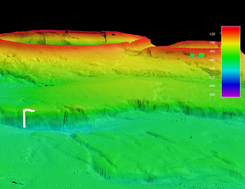 The remotely operated vehicle track for Dive 13, shown as a white line. Scale is water depth in meters.