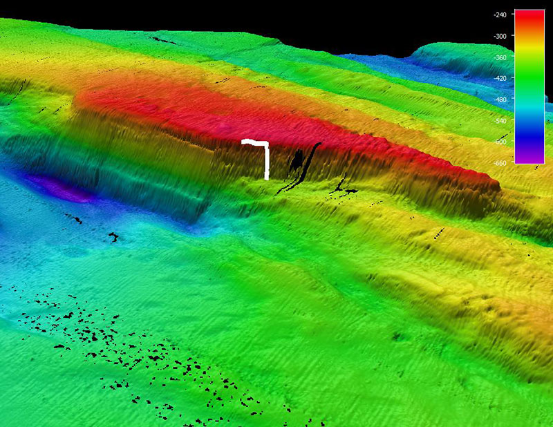 Mapa que muestra el recorrido del ROV por el fondo marino durante el buceo 15 de la expedición Océano Profundo 2018. La escala muestra la profundidad en metros.